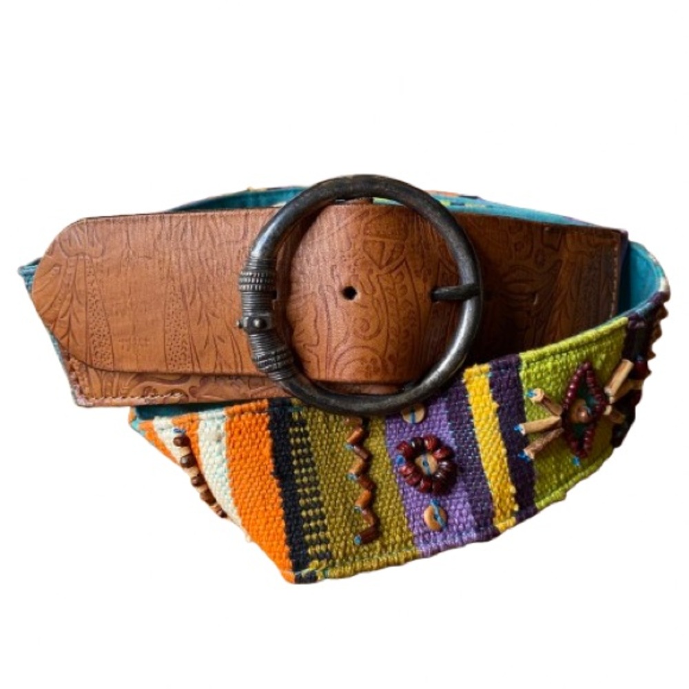 Chico's Leather & Beaded Tapestry Belt Women’s L Boho Southwestern Aztec